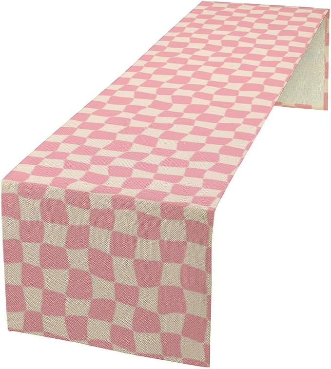 Boho Hippie Table Runner Groovy Pink Twisted Checkered Funky Modern Geometric Dinner Runner for Living Room Kitchen Party Holiday Dinner Home Decor 13x36in