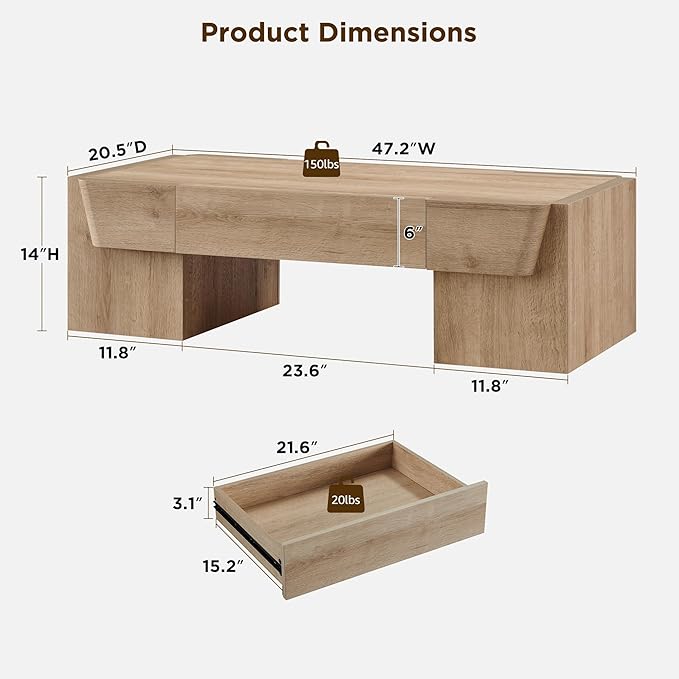 JXQTLINGMU 47" Modern Coffee Table with Storage, Wood Large Coffee Table with Drawer, Rectangle Center Table for Living Room, Natural Oak