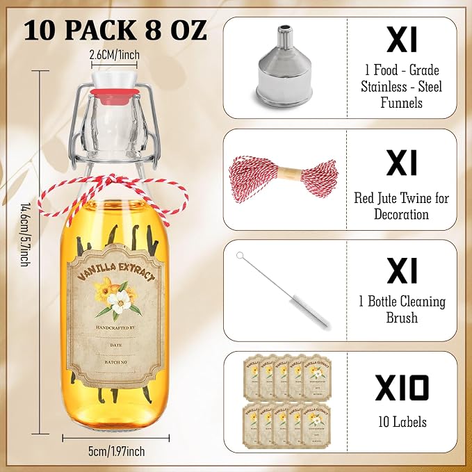 10 pack 8 oz vanilla extract bottles swing top glass bottles with lids homemade vanilla small flip top jars with airtight circle clear