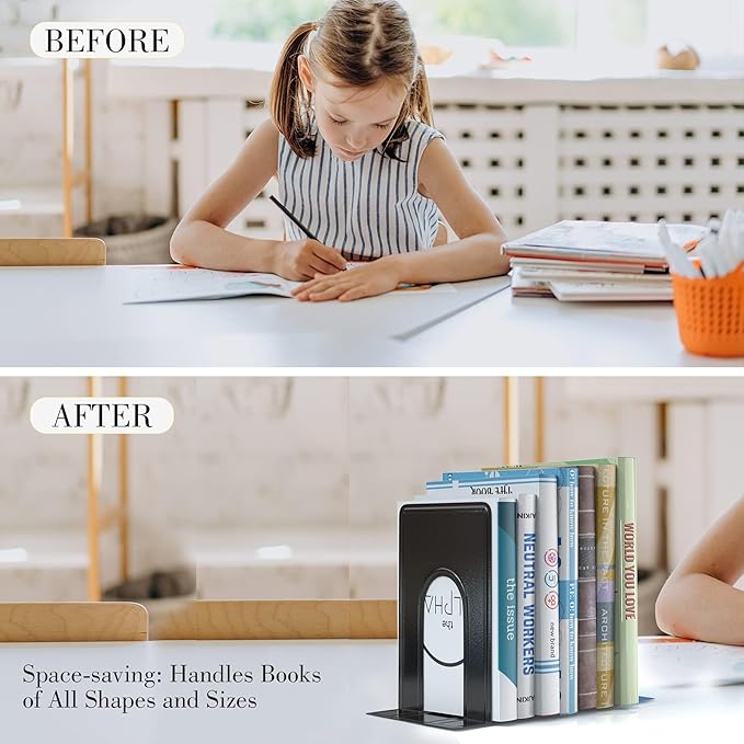 Optomni Bookends, Book End Supports Heavy Duty Metal Bookend Support, Book Ends Supports for Shelves Decor Home Office School 2 Pairs (Black, 4 Pairs/8 Pieces)
