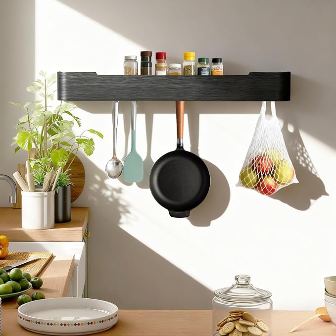 Coat Rack Wall Mount with Shelf Entryway Shelf Modern Key Holder Hanger Wall Shelves with Hidden Hooks for Hanging Towels Coats Hats Bags for Hallway Bathroom Bedroom(Black, 8 Hooks)