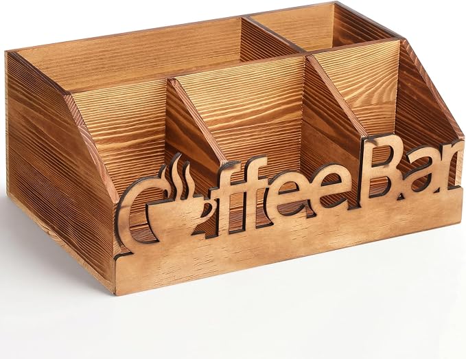 Coffee Station Organizer for Counter Wood Countertop Accessories Organizer Coffee Pods Holder Storage Basket for Pods Condiment Syrup Tea Cups Stirrers for Rustic Bar Decoration(Natural)