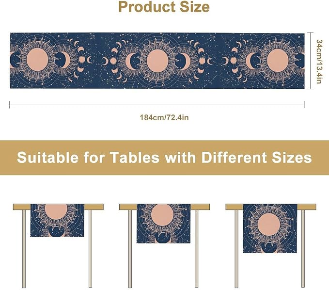 Moon Sun Table Runner, Mystical Blue Space Galaxy Moon Phase Boho Astrology Table Decoration Runner for Kitchen Dining Party Wedding Picnic, 13x90 Inch