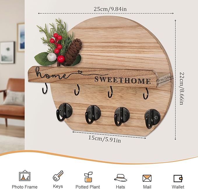Key Holder for Wall, Key and Mail Holder Organizer - Key Holder Wall Mount with Bouquet Shelf and Key Hooks, Round Wooden Rustic Key Rack for Entryway and Home Decor (Wood)