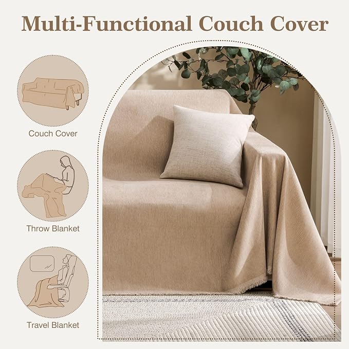 Couch Cover for Dogs Sectional Sofa Covers Washable for 2 Cushion Couch, Chenille Couch Cover Blanket, Sectional Sofa Slipcovers, Multi-Use Furniture Protector for Kids, Pets, 71" X134", Sand