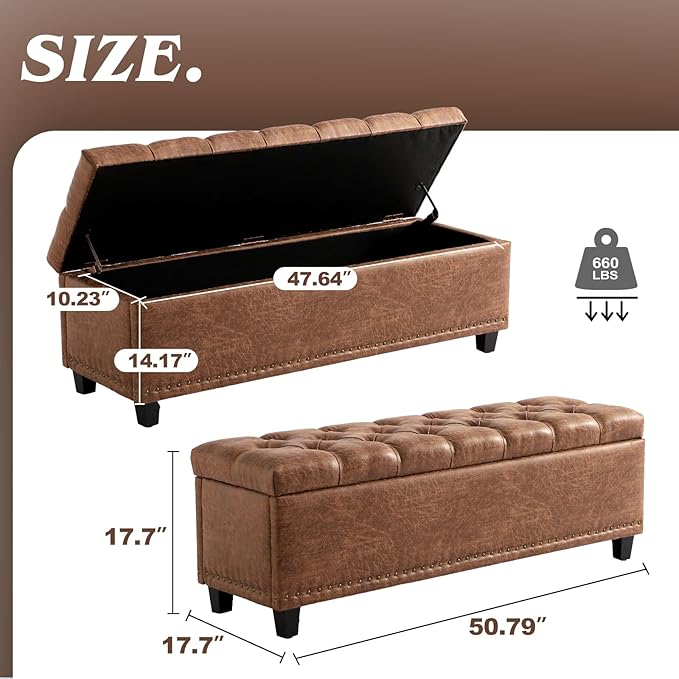Ottoman with Storage, 51" Storage Bench Ottoman for Bedroom, End of Bed Benchs with Button-Tufted, Upholstered Rectangle Long Foot Rest Benchs for Entryway Living Room (Brown)