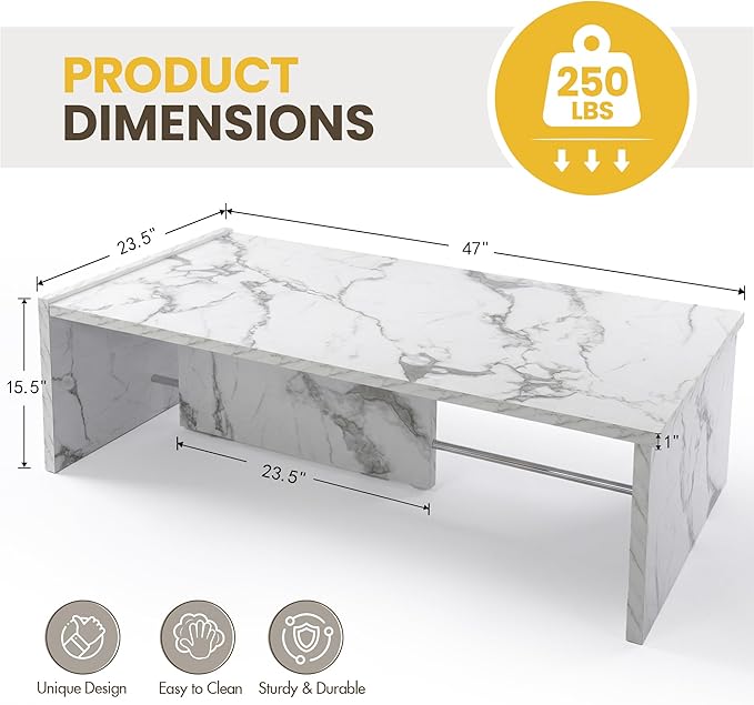 Hyfirm Faux Marble Coffee Tables for Living Room: Rectangular Modern Minimalist Coffee Table with Sturdy Frame Contemporary Accent Tables for Office Apartment Family Room Center Table (Marble White)