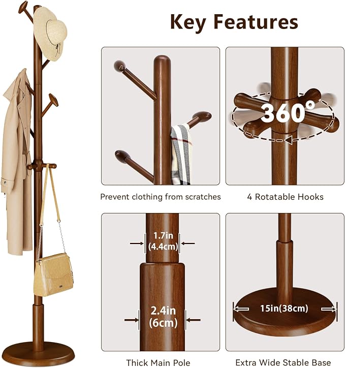 Taitiy Solid Wood Coat Rack Freestanding Coat Tree with 10 Hooks for Bedroom, Livingroom, Entryway, Sturdy Coat Hanger Stand for Hats, Coats, Scarves, Handbags, Purses