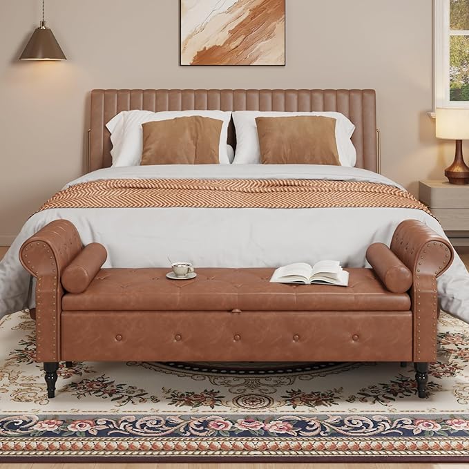 FiveWillowise 65" Bedroom Bench with Storage,Faux Leather Bed Benches with Tufted Buttons,Large Upholstered Storage Bench with Rolled Arms and Nailhead Trim for King Size End of Bed,Entryway,Brown