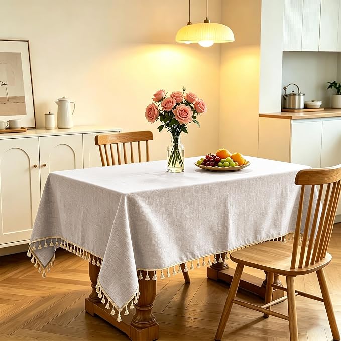 Alsoo Table Cloth Rectangle Table 55" x 120" Linen Look Texture Cotton Tablecloth Waterproof Wrinkle Free Heavy Duty Tables Cover with Tassel for Kitchen Dining Holiday Party, Light