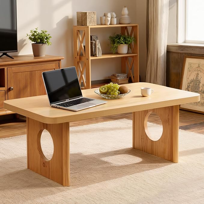 BECHAEO Modern Coffee Table, Solid Pine Wood, 47" Rectangle Center Table for Living Room, Real Wood Legs & Sturdy Base, Minimalist Rustic Coffee Table