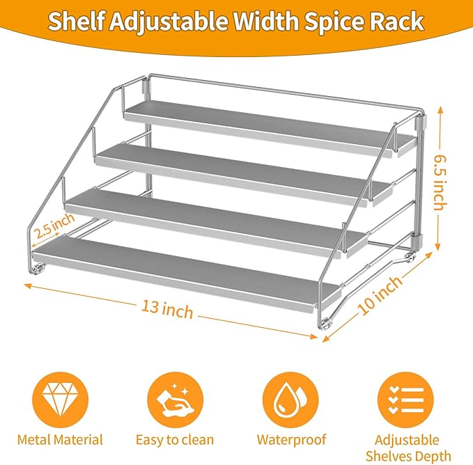 BOIVSHI 4 Tier Spice Rack for Cabinet, Spice Rack Organizer, Depth Adjustable Spice Organizer for Countertop, Cupboard, Pantry, Seasoning Shelf, Metal, Gray (1 Pack)