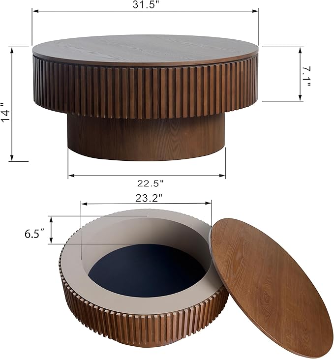 φ31.5 Round Coffee Table with Storage, Wood Veneered Pedestal End Table for Living Room, Modern Contemporary Circle Fluted Drum Side Table for Small Space - ø31.5" x 14"H Walnut