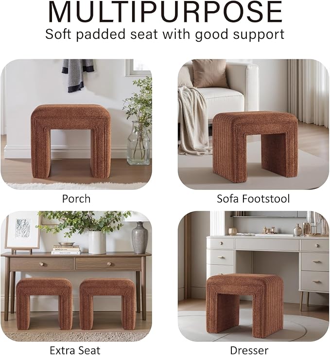 Get Set Style Vanity Stool Chair,Modern Boucle Ottoman Foot Stool with Wooden Legs Sofa Bench Footstool Extra Seat for Vanity,Makeup Room,Living Room,Entryway,Office (Fully Assembled) (Brown)