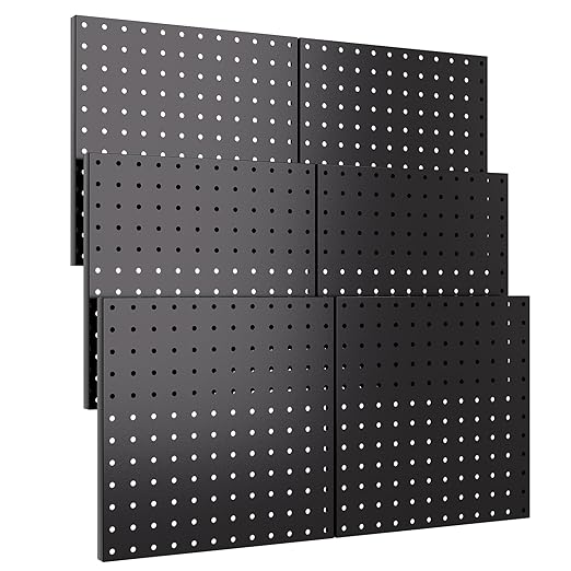 INCLY 6 Pack 12"x12" Black Metal Pegboard Panels, Heavy Duty Pegboard Wall Organizer with Frame, Black Peg Board for Walls, Garage, Workbench, Shed, Kitchen, Craft Room Tool Organization