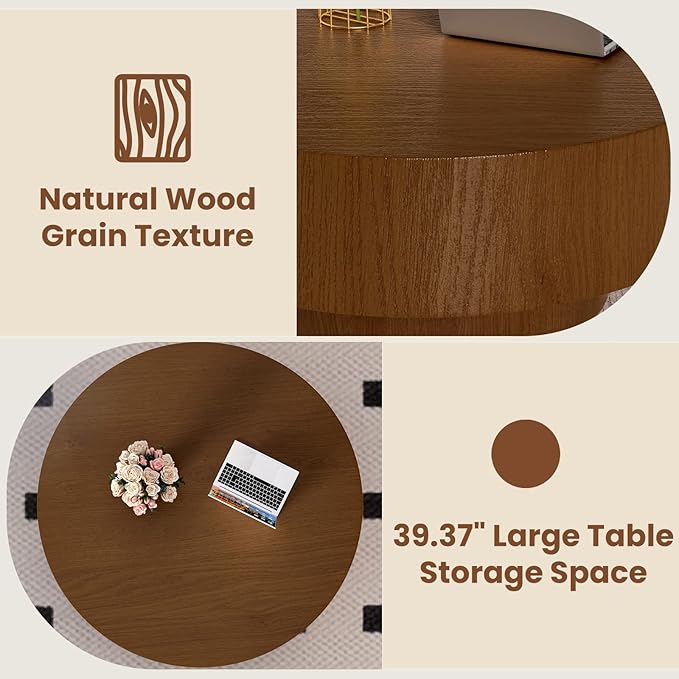 Modern Round Coffee Table with Sturdy Base, Circle Coffee Tables with Natural Wood Grain Texture Accent Tea Table Center Table for Living Room Apartment Office, Brown39.37 Dx39.37 Wx13.8 H