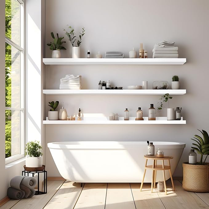 LaVie Home Floating Shelves for Wall Storage Set of 4, 47.2 Inch Picture Ledge Shelf, White Wall Shelves with Lip for Kitchen, Bedroom, Bathroom, and Living Room
