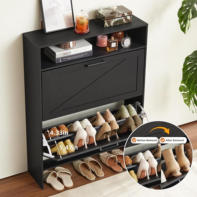 RWYHG Shoe Cabinet Storage for Entryway with 2 Flip Drawers Open Storage Layer Rack Narrow Organizer Slim Hidden Wood Shoe Cabinet Furniture Black