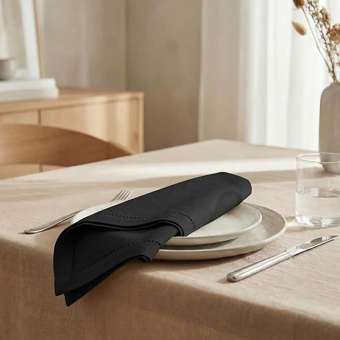 Urban Villa Cloth Napkins 100% Cotton Highly Absorbent Washable Reusable Premium Dinner Napkins Ideal for Gifts for Mothers Day Hotel Farmhouse Parties - Black - Hemstitch (20" x 20", Set of 12)