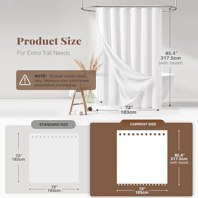 BTTN 3 in 1 Shower Curtain with Liner, 84 Extra Long Boho Linen Striped Cloth Shower Curtain Set with Hook, Tall Farmhouse Bohemian Cute Waterproof Fabric Shower Curtain for Bathroom, White, 72x84