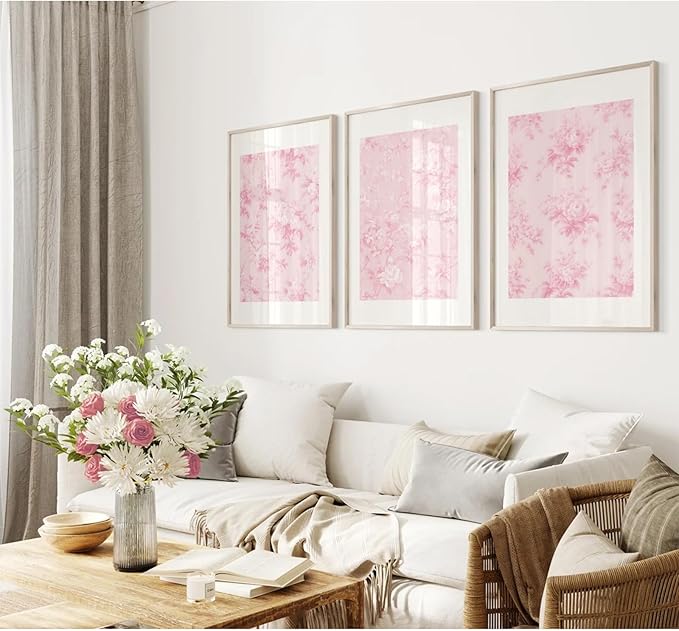Baccone Pink Floral Wall Art Chinoiserie Flower Wall Decor Pictures Aesthetic Canvas Wall Art Love Shack Fancy Poster Vintage Floral Prints for Living Room Bedroom 12x16 Inch Unframed Set of 3