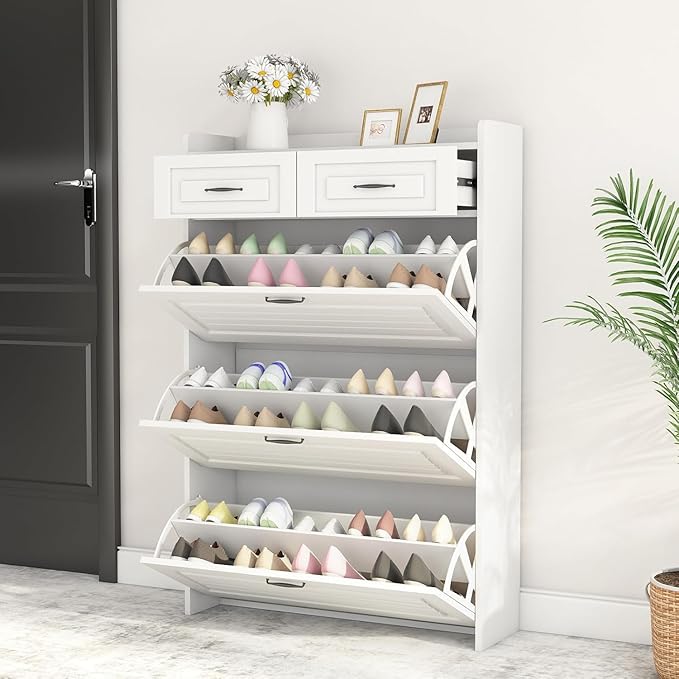 Shoe Cabinet with 3 Large Flip Drawers & 2 Storage Drawers, Narrow Shoe Organizer Cabinet Fits for Kinds of Shoes, Slim Shoe Storage Cabinet for Entryway, Hallway