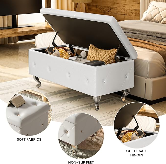 DKLGG Storage Ottoman Bench for Bedroom, Upholstered Entryway Bench with Legs & Safety Hinge, Small Storage Bench for Living Room/End of Bed/Entryway/Window, White
