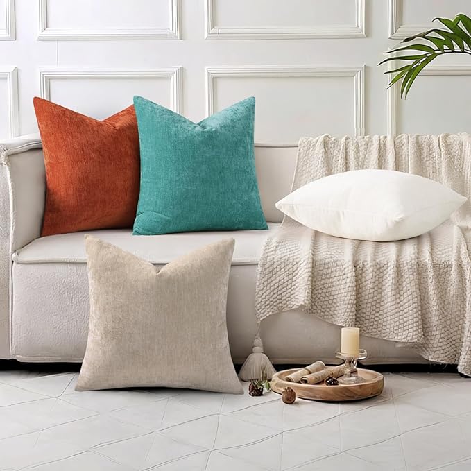 decorUhome Chenille Turquoise Summer Throw Pillow Covers 12x20 Inch Set of 2, Decorative Soft Couch Pillow Covers Solid Dyed Accent Farmhouse Neutral Rectangle Pillow Cases for Sofa