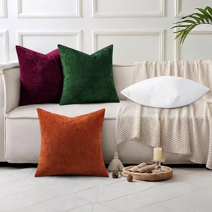 decorUhome Chenille Moss Green Throw Pillow Covers 22x22 Inch Set of 2, Decorative Soft Couch Pillow Covers Solid Dyed Accent Farmhouse Neutral Square Pillow Cases for Sofa