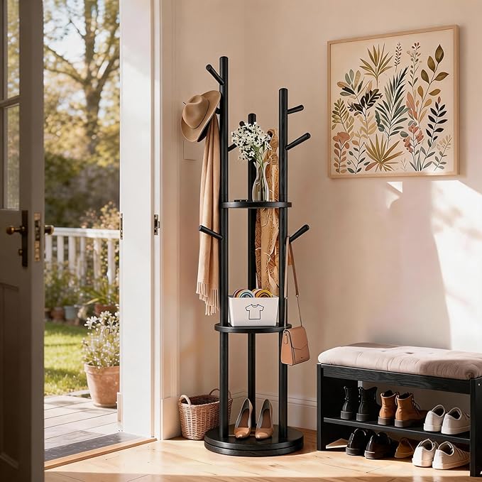 Solid Wood Rotary Coat Rack, Coat Rack Freestanding with 3 Storage Shelves & 9 hooks, Coat Tree for Entryway, Livingroom, Bedroom, Coat Hanger Stand for Coats, Scarves, Handbags, Hat (Black)