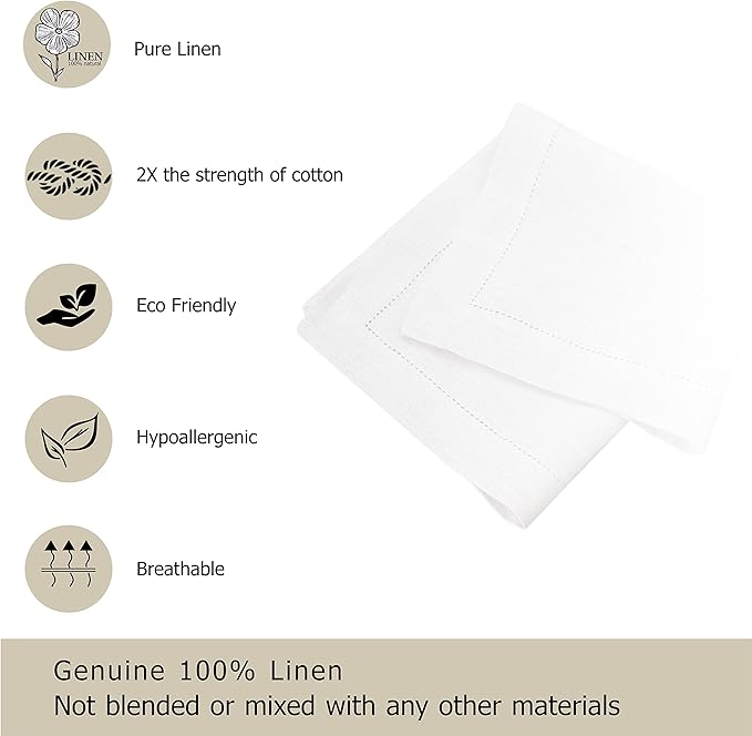 Genuine Linen Napkins - Set of 12 Cloth Napkins with Hemstitch Detail - Hand Crafted Pure Luxury Linen Reusable Lunch Dinner Napkin - Fall Summer Holiday Table - Large 18x18 - Ivory - COTTON CRAFT