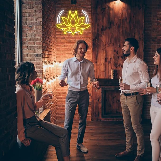 Moon Lotus Flower Neon Sign Dimmable White Moon Neon Light for Wall Decor USB Power Yellow Lotus Led Light Up Sign for Bedroom Yoga Room Game Room Man Cave