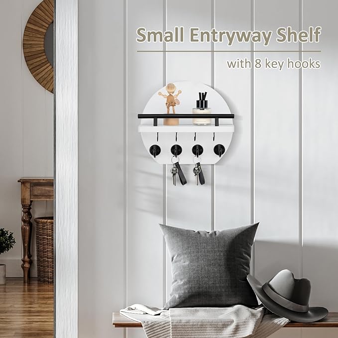 Nekon Key Holder for Wall - 9.8 Inch Apartment Wall Decor with Shelf and 8 Key Hooks, Circular Wood Key Hanger for Home Decor (White)