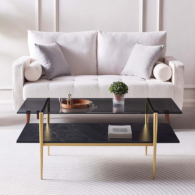LumFurn Rectangle Coffee Table for Living Room, Mid-Century Modern Design, L41 x W21 x H17, 2-Tier Structure, Clear Glass Top and Black Marble Wood Shelf, Conical Metal Legs with Gold Finish