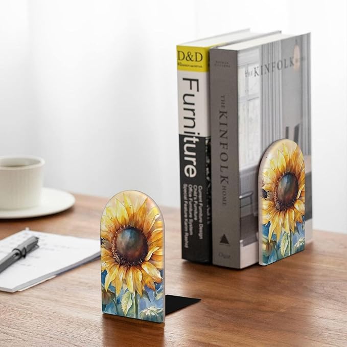 Watercolor Rustic Yellow Sunflower Wood Book Ends for Shelves, Non-Skid Bookends for Office, Library, and Home Decor, 1 Pair