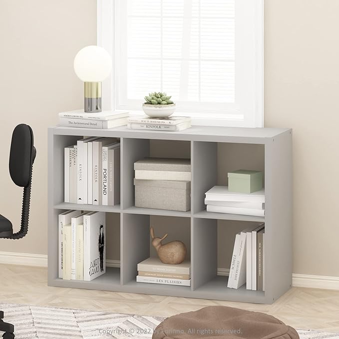 Furinno CUBICLE Book Shelf, 6-Cube Bookshelf, Extra Thick Frame Horizontally & Vertically Reversible Bookcase with Open Back, 14.6" x 44" x 30", for Living Room, Bedroom, Home Office, Light Grey