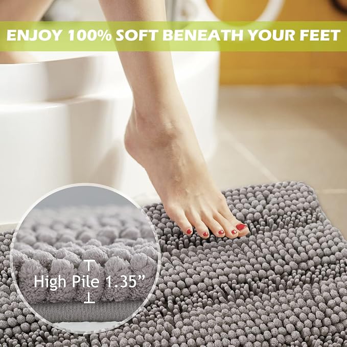 KGORGE Non Slip Bathroom Rugs - Luxury Chenille Dry Fast Plush Super Soft Plush Chenille Washable Small Bath Mats for Kitchen Living Room Bedroom Entryway, Light Grey, 20" W x 32" L, 1 Piece