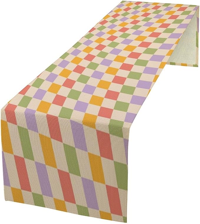 Retro Checkered Table Runner 60s 70s Vintage Twisted Colorful Groovy Trendy Wavy Hippie Grid Farmhouse Country Dinner Runner for Home Kitchen Dining Table Party Holiday Decor 13"x108"