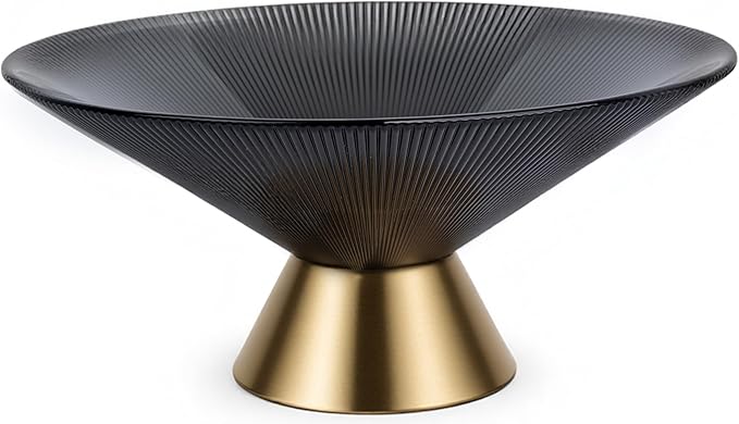 Tapered Glass Decorative Bowl (Gray), 9.8 Inches Handblown Striped Design Glass Bowl with Rust Resistant Metal Base,Decorative Fruit Bowl for Home Decor,Table Centerpiece,Kitchen Island,Dining Decor