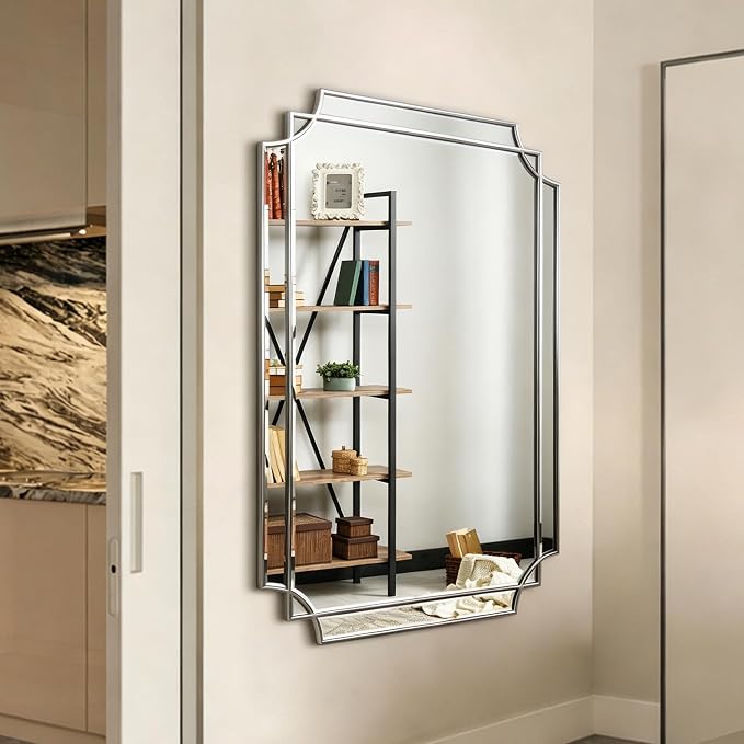 Geometric Beveled Mirror, 48" x 31.6" Silver Art Deco Mirror with Silver Wood Frame, Large Rectangle Accent Wall Mirror for Entryway Bathroom Living Room Bedroom, Horizontal/Vertical Hanging