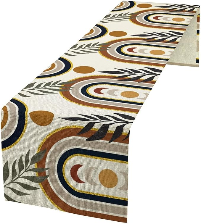 Mid Century Modern Table Runner Sun Tropical Leave Minimalistic Rainbow Boho Decor for Kitchen Party Home Dining Room Table 13x60in