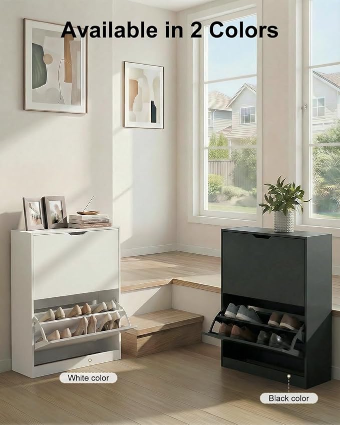 Shoe Cabinet Organizer with 2 Flip Drawers, Narrow Rack with Adjustable & Removable Shelves, Slim Shoe Storage for Entryway, Foyer, Hallway, White