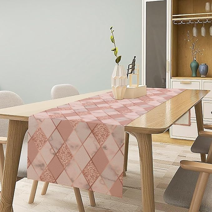 Marble Table Runner,Pink Gold Geometric Diagonal Marble Pattern Table Runner for Coffee Table Dining Room Table Bedroom Party Holiday Decor 13x120inch