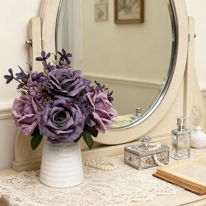 Artificial Purple Rose Arrangement in White Ceramic Vase, 10 Inch Silk Flowers with Foliage, Modern Contemporary Floral Bouquet for Home, Office, Wedding Decor
