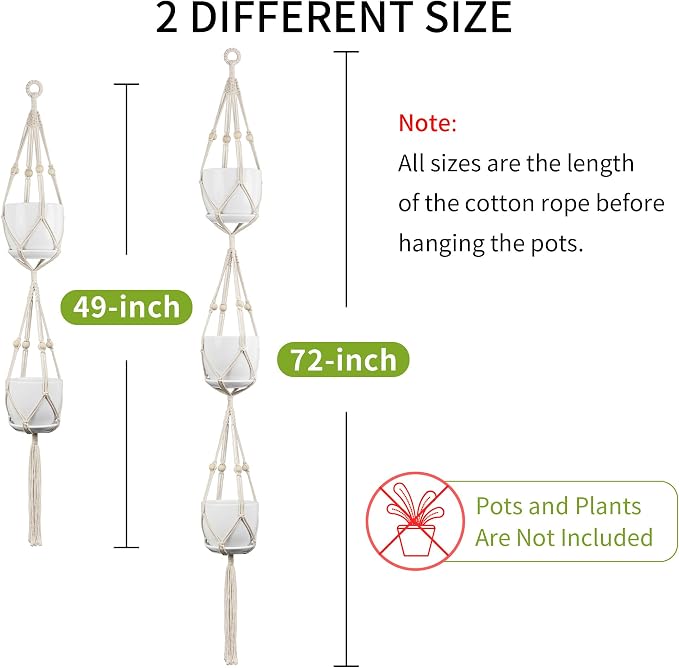 Macrame Plant Hanger - Fits 4-8 Inch Pots, 2 Tier+3 Tier Hanging Planter Holder for Indoor Outdoor, Cotton Rope with Tassels Boho Home Decor, 49+72 Inch, Set of 2, Ivory
