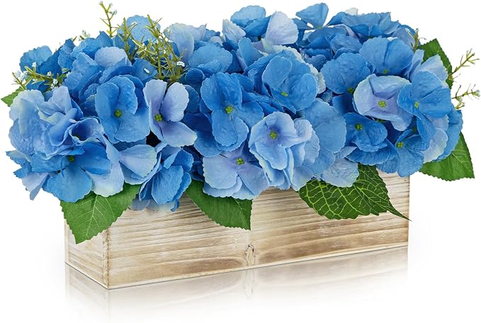 Blue Hydrangea Artificial Flowers Arrangement in Wooden Planter Pot, Fake Hydrangea Flowers with Rectangular Box Vase, Silk Floral Centerpiece for Dining Room, Coffee Table, Kitchen, Windowsill Decor