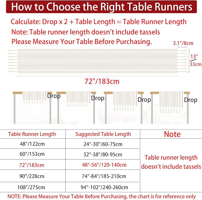 Rustic Boho Table Runner, Farmhouse Table Runners 72 Inches Long for Kitchen Dining Room, 13x72 Inches, Ivory Lines