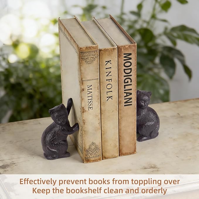 Decorative Cat Bookends, Cast Iron Kitty Book Ends, Heavy Duty Book Stopper, Vintage Antique Brown Black Home Decor, Cute Cat Statues for Shelf Decoration, 2 Pack (Black)
