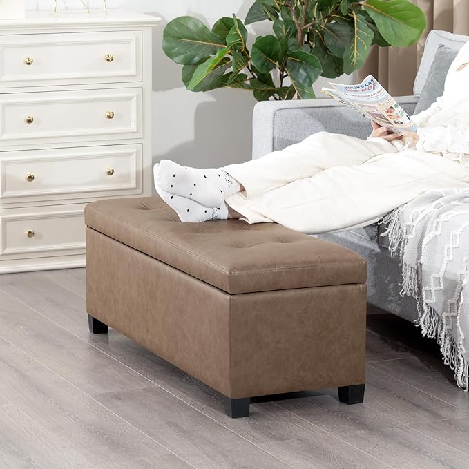 Homebeez 42" Faux Leather Storage Ottoman,End of Bed Bench,Upholstered Ottoman Bench with Storage for Living Room,Bedroom,Entryway