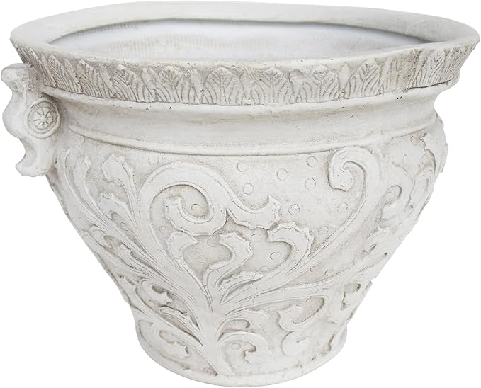 Christopher Knight Home Armis Round Concrete Planter, Indoor Outdoor Garden Plant Pot with Drainage Hole, Floral Relif Patio Urn Planter for Front Porch/Backyard, Outdoor Planter Box, Antique White